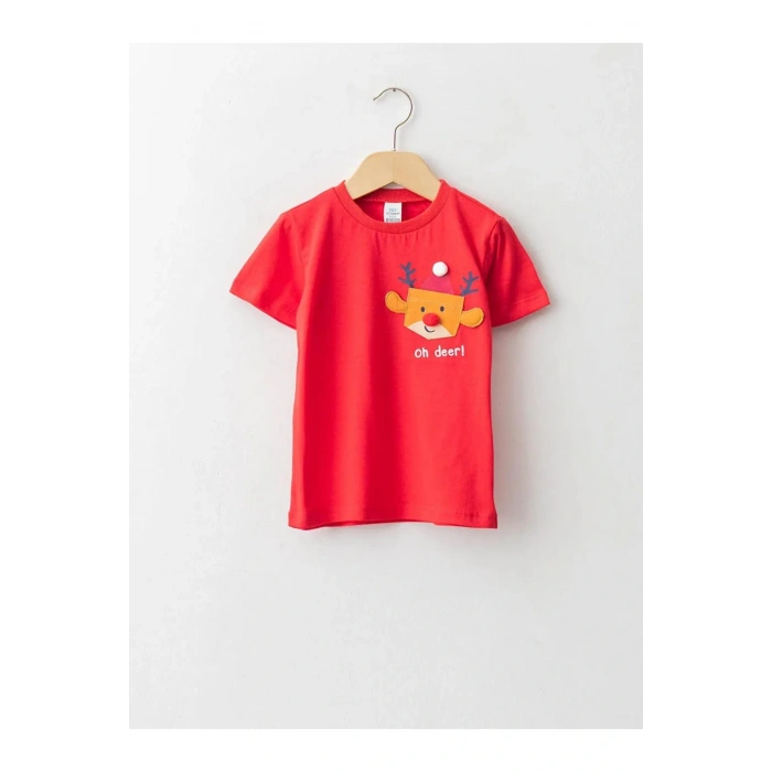 LCW baby kırmızı Bisiklet Yaka Kısa Kollu Yılbaşı Temalı Pamuklu Erkek Bebek Tişört