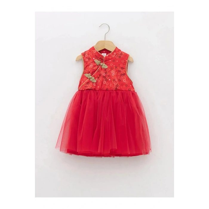 LCW baby Kırmızı Dik Yaka Desenli Kız Bebek Tül Etekli Elbise