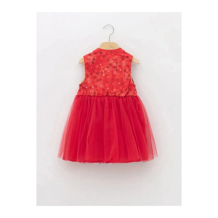 LCW baby Kırmızı Dik Yaka Desenli Kız Bebek Tül Etekli Elbise