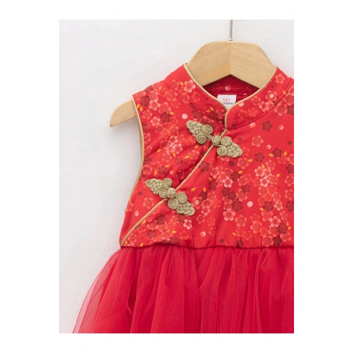 LCW baby Kırmızı Dik Yaka Desenli Kız Bebek Tül Etekli Elbise