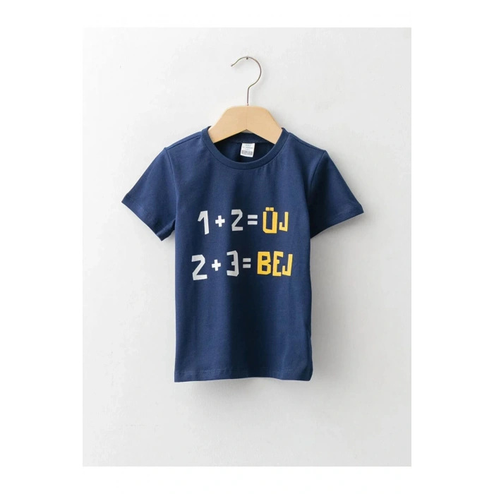 LCW baby Lacivert Bisiklet Yaka Kısa Kollu Baskılı Erkek Bebek Tişört