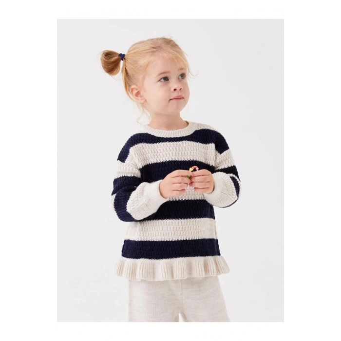 LCW baby Lacivert Bisiklet Yaka Kız Bebek Triko Kazak ve Pantolon 2li