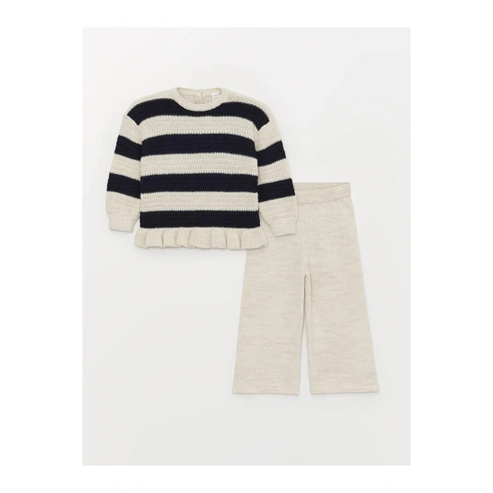 LCW baby Lacivert Bisiklet Yaka Kız Bebek Triko Kazak ve Pantolon 2li