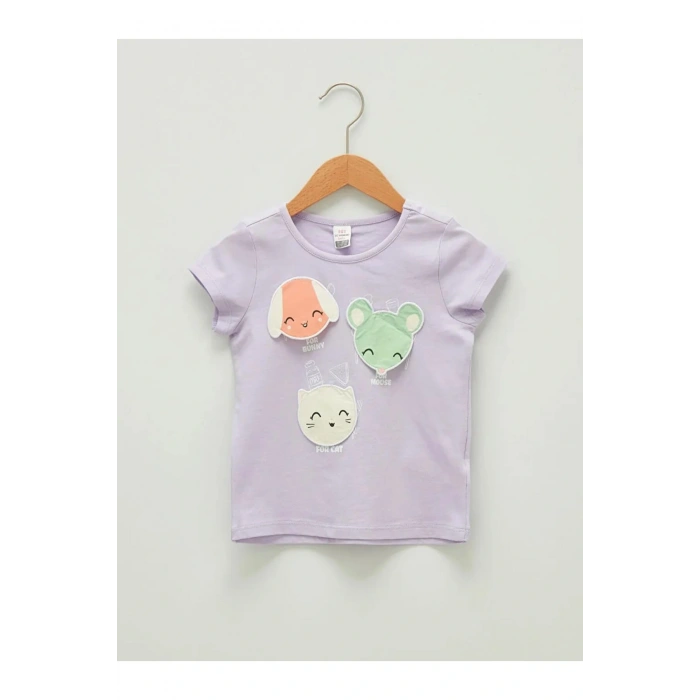LCW baby Lila Bisiklet Yaka Kısa Kol Baskılı Pamuklu Kız Bebek Tişört