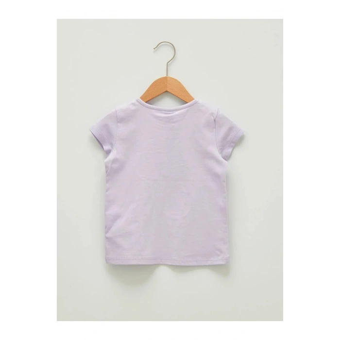 LCW baby Lila Bisiklet Yaka Kısa Kol Baskılı Pamuklu Kız Bebek Tişört