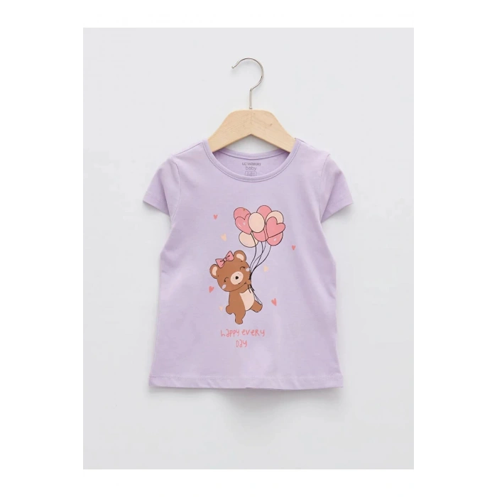 LCW baby Lila Bisiklet Yaka Kısa Kollu Baskılı Kız Bebek Tişört