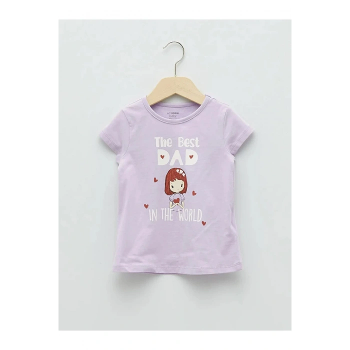 LCW baby Lila Bisiklet Yaka Kısa Kollu Baskılı Kız Bebek Tişört