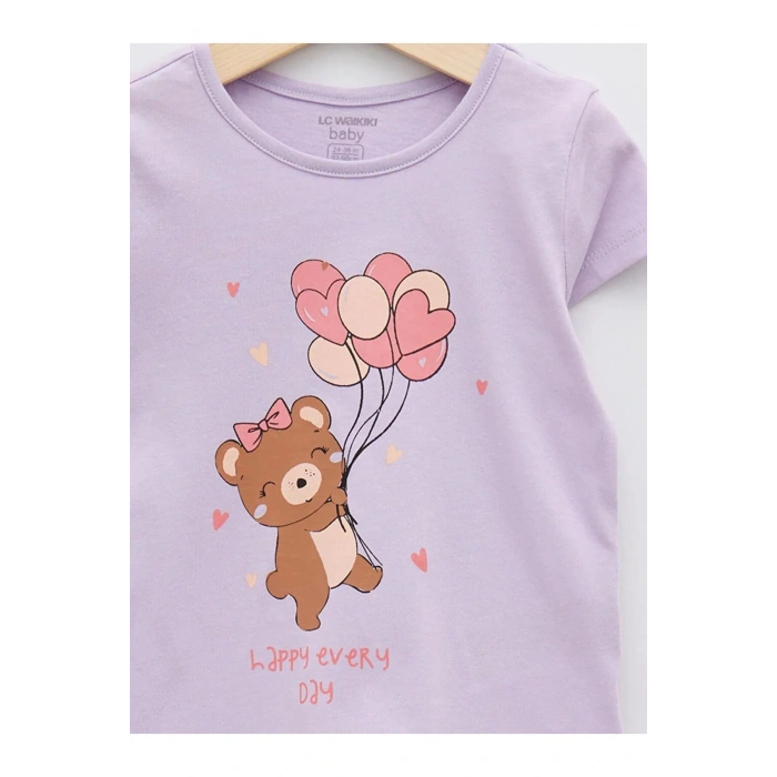 LCW baby Lila Bisiklet Yaka Kısa Kollu Baskılı Kız Bebek Tişört