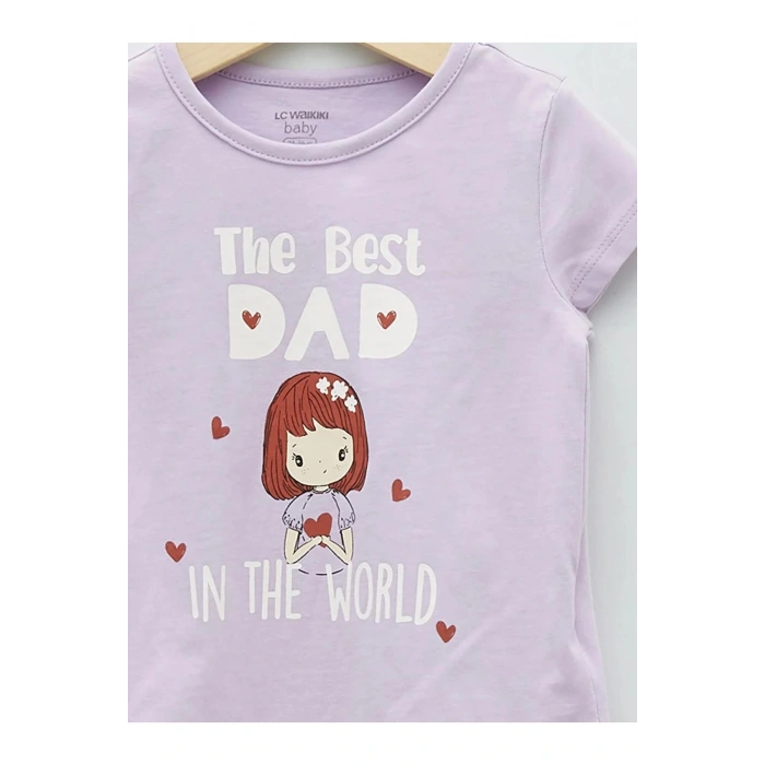 LCW baby Lila Bisiklet Yaka Kısa Kollu Baskılı Kız Bebek Tişört