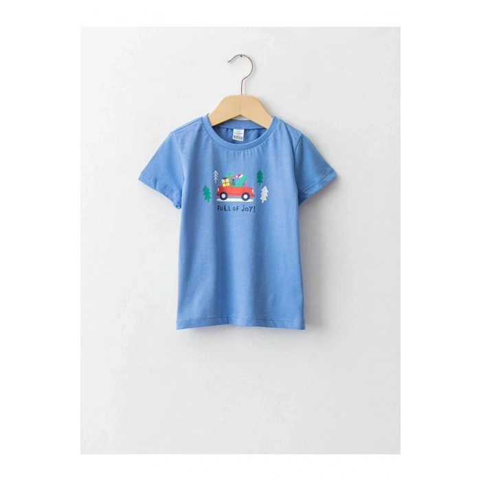 LCW baby Mavi Bisiklet Yaka Kısa Kol Baskılı Pamuklu Erkek Bebek Tişört