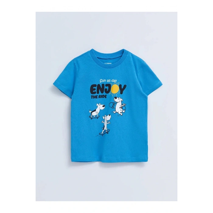 LCW baby Mavi Bisiklet Yaka Kısa Kollu Baskılı Erkek Bebek Tişört