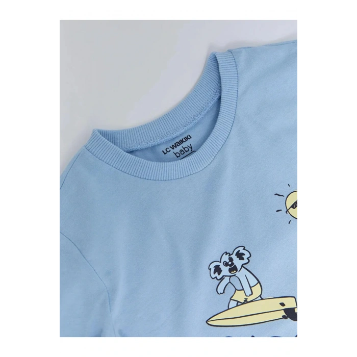 LCW baby Mavi Bisiklet Yaka Kısa Kollu Baskılı Erkek Bebek Tişört