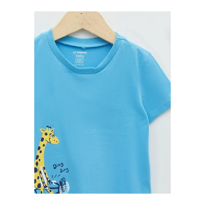 LCW baby Mavi Bisiklet Yaka Kısa Kollu Baskılı Erkek Bebek Tişört