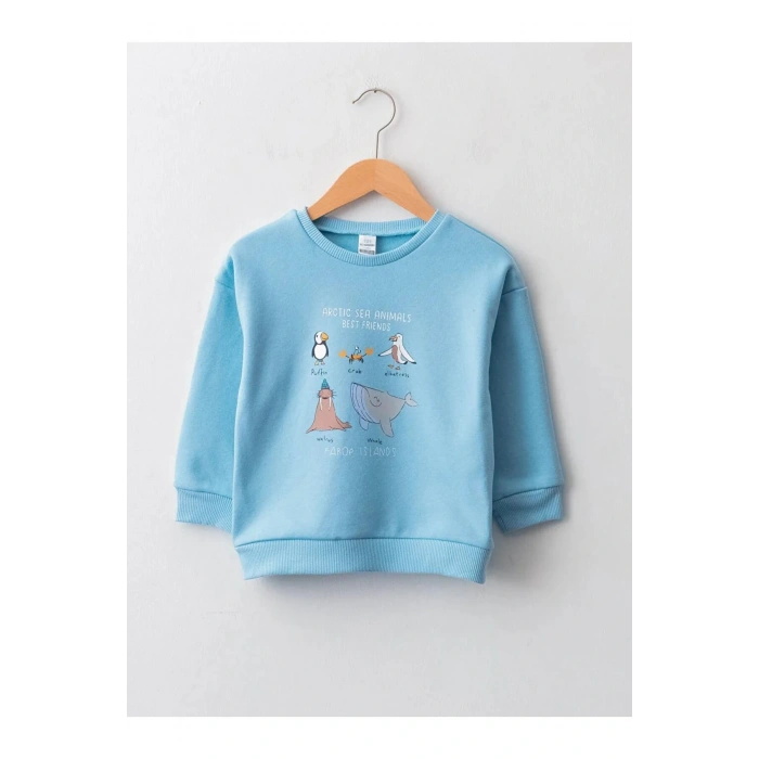 LCW baby Mavi Bisiklet Yaka Uzun Kollu Baskılı Erkek Bebek Sweatshirt