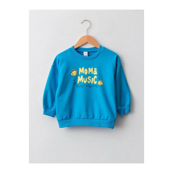 LCW baby Mavi Bisiklet Yaka Uzun Kollu Baskılı Pamuklu Erkek Bebek Sweatshirt