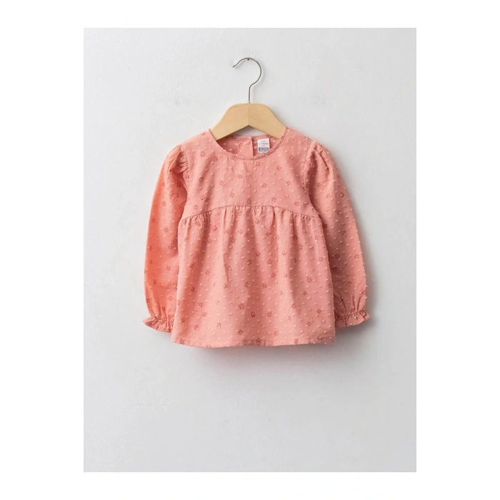 LCW baby Pembe Bisiklet Yaka Desenli Uzun Kollu Pamuklu Kız Bebek Bluz