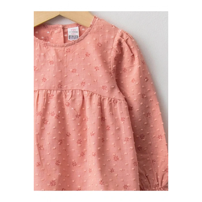 LCW baby Pembe Bisiklet Yaka Desenli Uzun Kollu Pamuklu Kız Bebek Bluz
