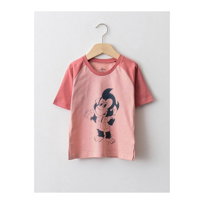 LCW baby Pembe Bisiklet Yaka Kısa Kollu Nostaljik Maymun Baskılı Bebek Tişört