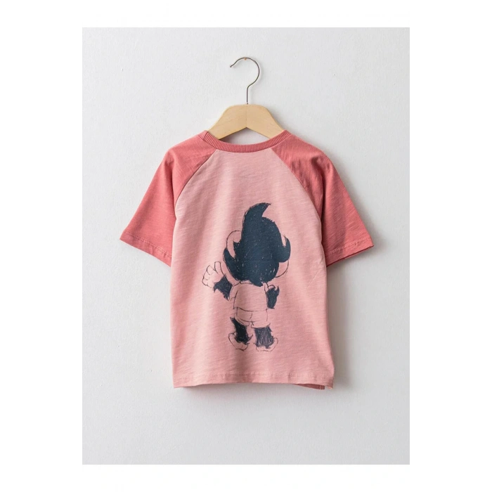 LCW baby Pembe Bisiklet Yaka Kısa Kollu Nostaljik Maymun Baskılı Bebek Tişört