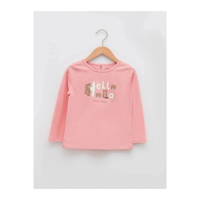 LCW baby Pembe Bisiklet Yaka Uzun Kol Baskılı Pamuklu Kız Bebek Tişört