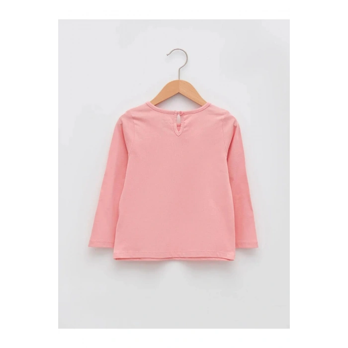 LCW baby Pembe Bisiklet Yaka Uzun Kol Baskılı Pamuklu Kız Bebek Tişört