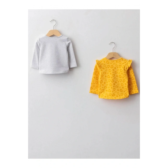 LCW baby Sarı Bisiklet Yaka Uzun Kol Kız Bebek Tişört 2li