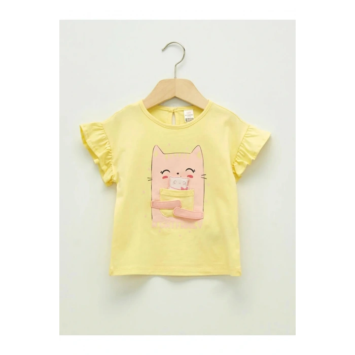 LCW baby Sarı Fırfır Detaylı Bisiklet Yaka Kısa Kollu Kız Bebek Tişört