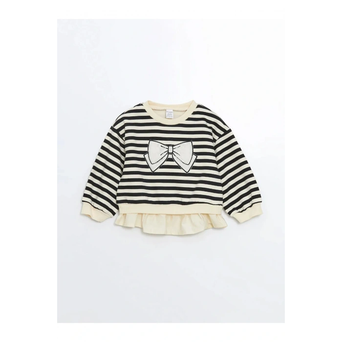 LCW baby Siyah Bisiklet Yaka Çizgili Kız Bebek Sweatshirt