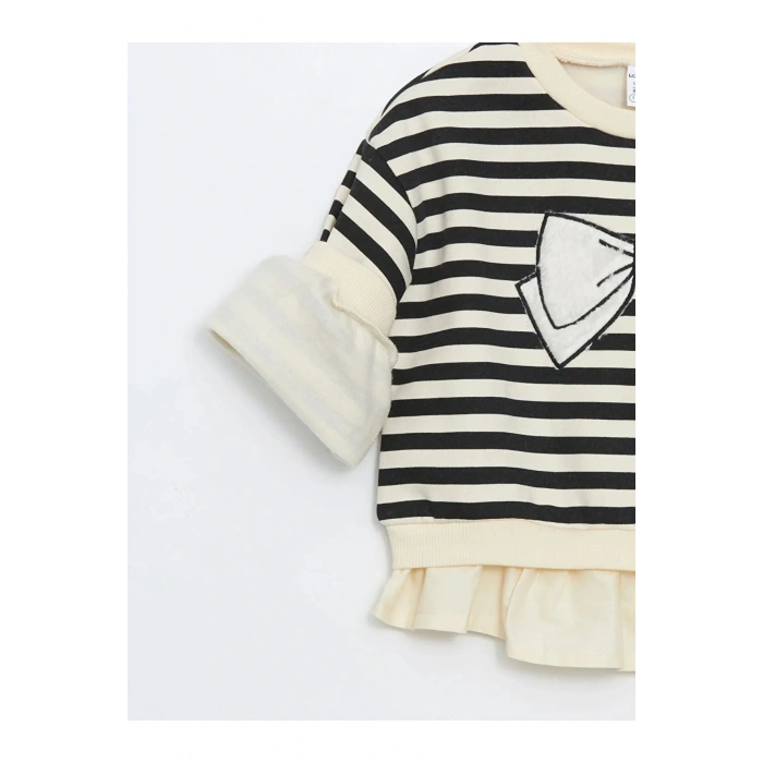 LCW baby Siyah Bisiklet Yaka Çizgili Kız Bebek Sweatshirt