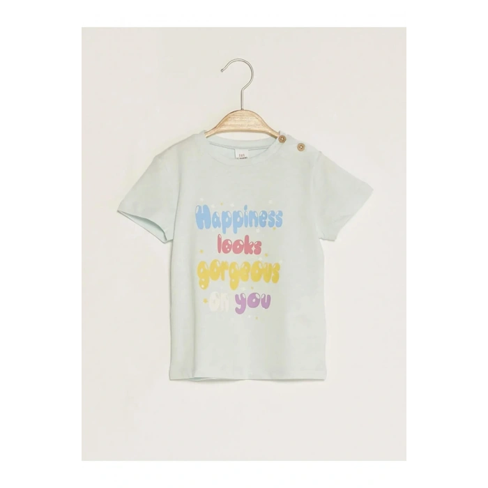 LCW baby Turkuaz Bisiklet Yaka Kısa Kol Baskılı Kız Bebek Tişört