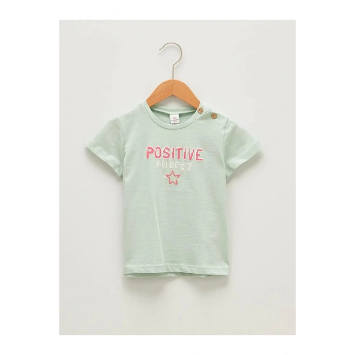 LCW baby Yeşil Bisiklet Yaka Kısa Kol Baskılı Kız Bebek Tişört