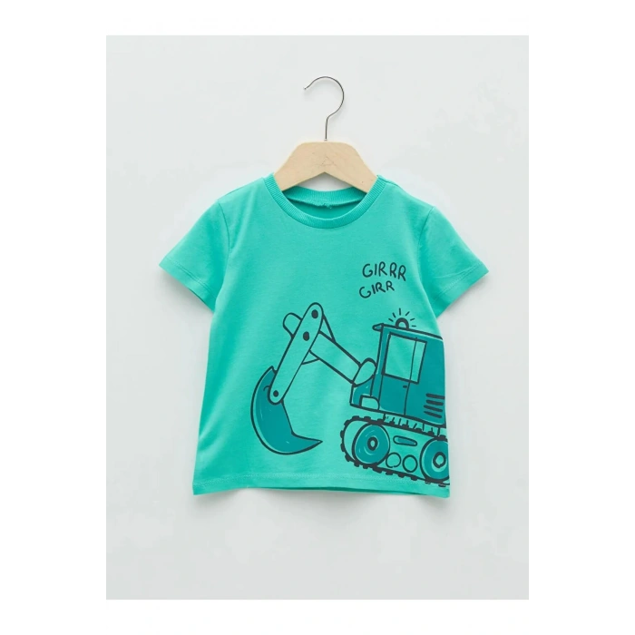 LCW baby Yeşil Bisiklet Yaka Kısa Kol Baskılı Pamuklu Erkek Bebek Tişört