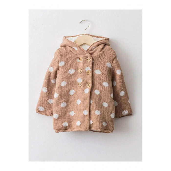 LCW babyKahverengi Kapüşonlu Uzun Kollu Puantiye Desenli Kız Bebek Triko Hırka