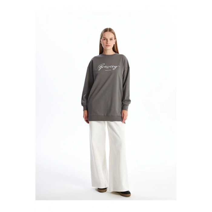 LCW Bisiklet Yaka Baskılı Kadın Sweatshirt Tunik