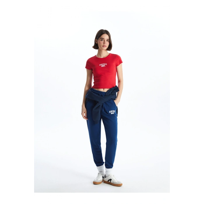 LCW Bisiklet Yaka Baskılı Kısa Kollu Kadın Tişört