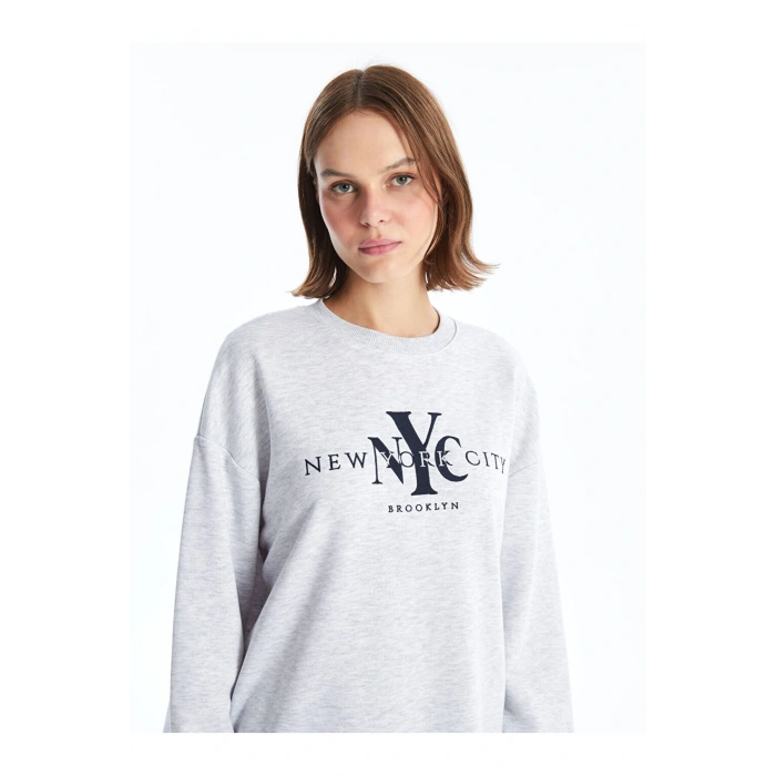 LCW Bisiklet Yaka Baskılı Oversize Kadın Sweatshirt