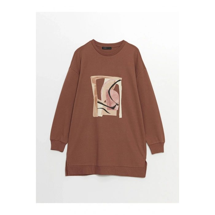 LCW Bisiklet Yaka Baskılı Oversize Kadın Sweatshirt Tunik