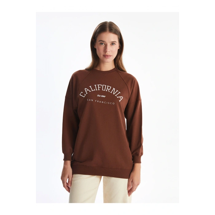 Lcw Bisiklet Yaka Baskılı Oversize Kadın Sweatshirt Tunik
