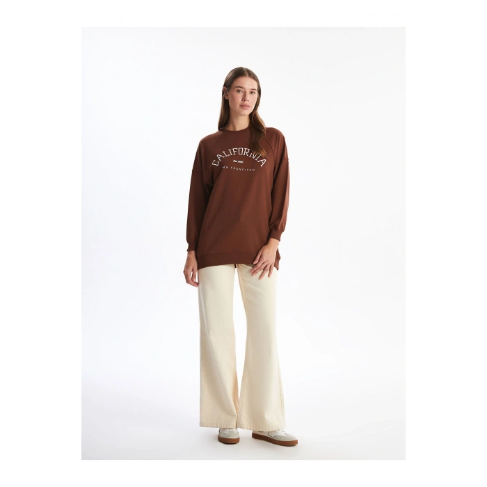 Lcw Bisiklet Yaka Baskılı Oversize Kadın Sweatshirt Tunik