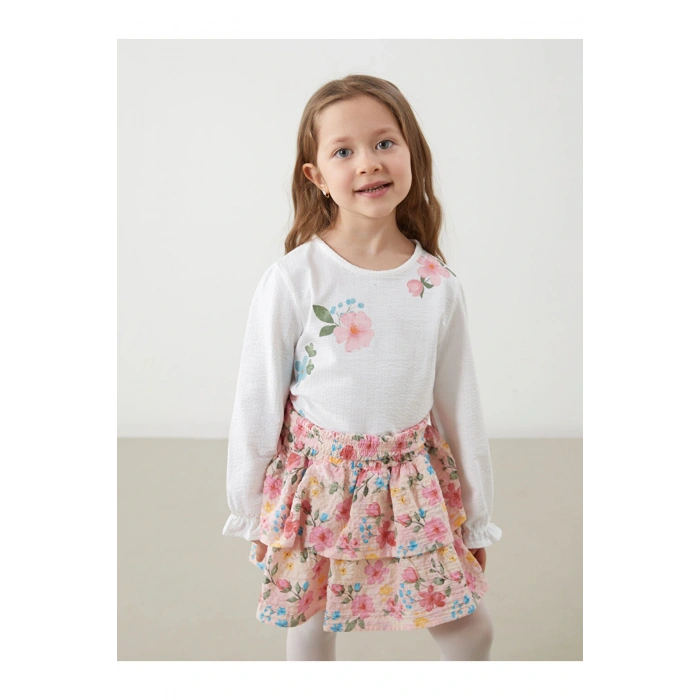 LCW Bisiklet Yaka Çiçekli Kız Çocuk Tişört