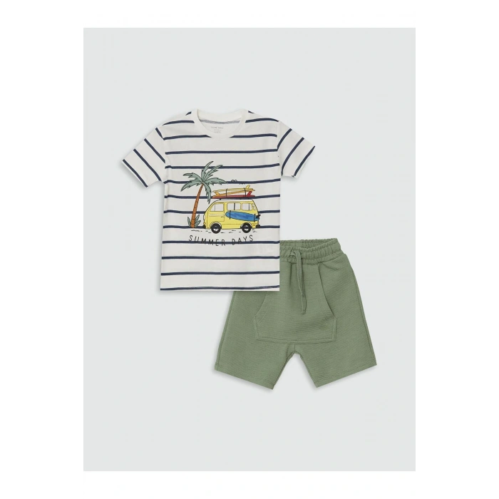 Lcw Bisiklet Yaka Çizgili Erkek Bebek Tişört Ve Şort 2li Takım