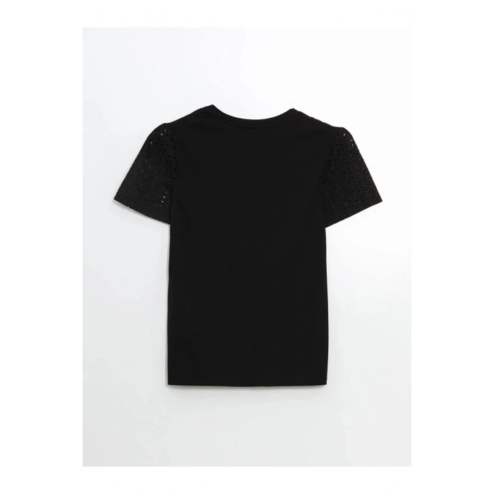 LCW Comfort Siyah Bisiklet Yaka Nakışlı Kadın Tişört