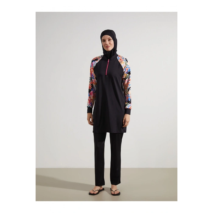 LCW DREAM Siyah Kolej Yaka Desenli Kadın Tesettür Mayo Üst
