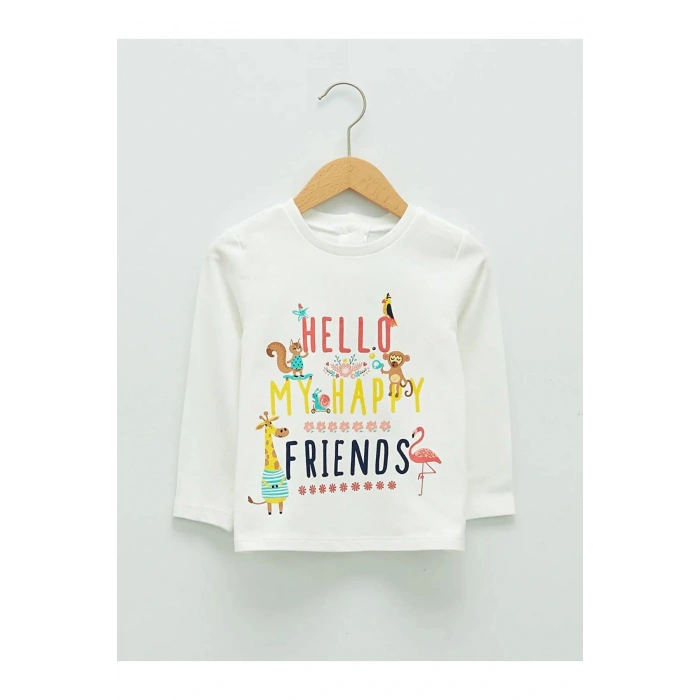 LCW ECO Beyaz Bisiklet Yaka Uzun Kol Baskılı Kız Bebek Tişört