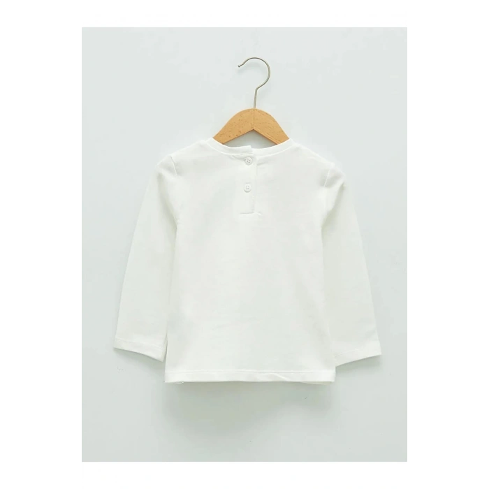 LCW ECO Beyaz Bisiklet Yaka Uzun Kol Baskılı Kız Bebek Tişört