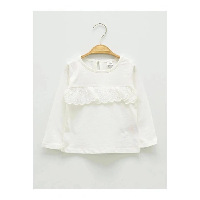 LCW ECO Ekru Bisiklet Yaka Uzun Kol Basic Kız Bebek Tişört