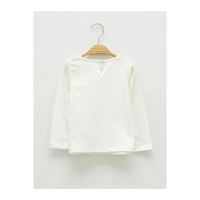 LCW ECO Ekru Bisiklet Yaka Uzun Kol Basic Kız Bebek Tişört