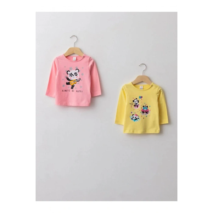 LCW ECO Pembe Bisiklet Yaka Uzun Kollu Baskılı Pamuklu Kız Bebek Tişört 2li