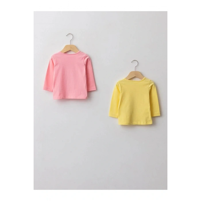 LCW ECO Pembe Bisiklet Yaka Uzun Kollu Baskılı Pamuklu Kız Bebek Tişört 2li
