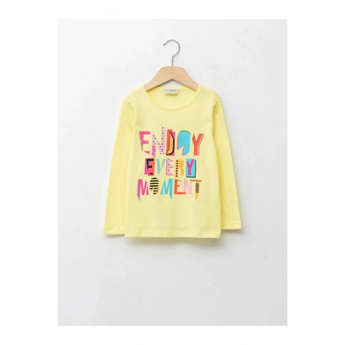 LCW ECO Sarı Bisiklet Yaka Baskılı Uzun Kollu Kız Çocuk Tişört